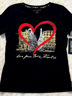 Karl Lagerfeld Paris Black Short Sleeve XS Tee Red Heart Metallic Paris Graphic
